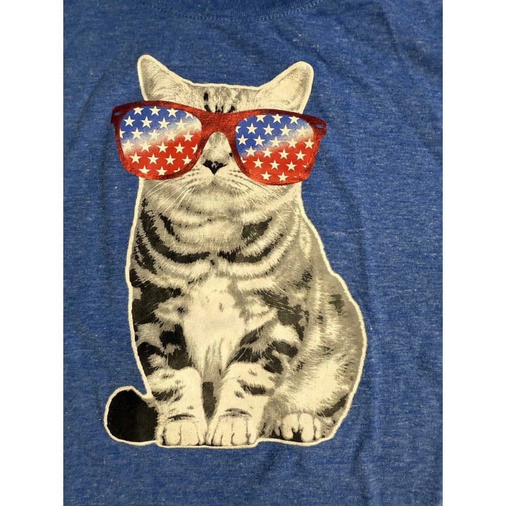 Patriotic Cat Sunglasses T-Shirt Womens L‎ Blue USA Flag Graphic Funny Tee